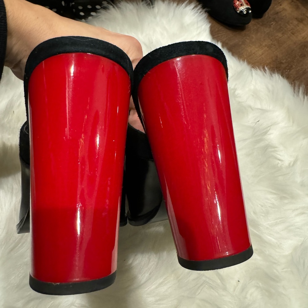 Size 37 Opening Ceremony Black Patent Leather Mules with Red Heels